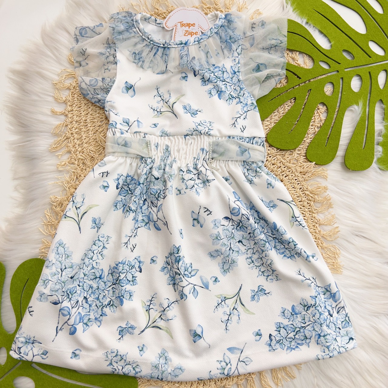 Vestido com Flores Azuis com Babados - Off White